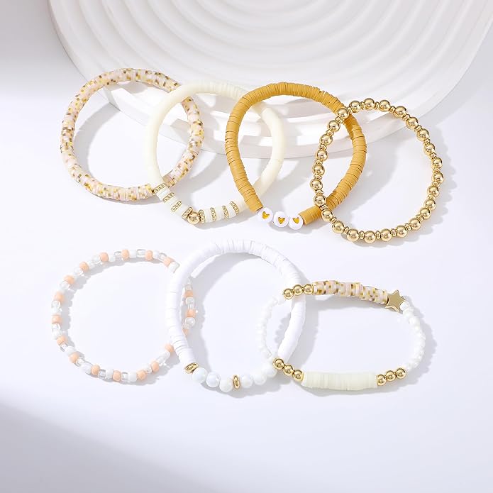 Heishi Beaded Stretch Bracelets for Women Stackable Polymer Clay Beads Bracelets Friendship Boho Summer Beach Bracelet Jewelry Set