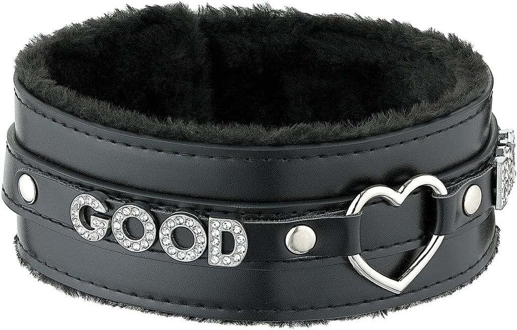 Pink Furry Heart O-ring Leather Choker Collar For Women, Handmade Punk Gothic Letter Necklace Adjustable Fashion Jewelry