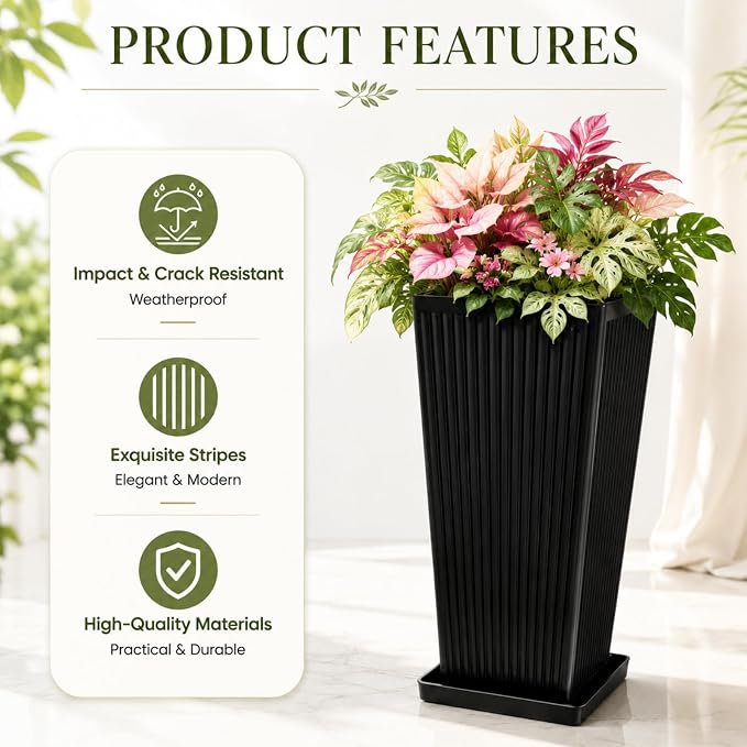 24" Tall Planters for Outdoor Plants Set of 2 Square Fluted, TallIndoor Flower - Image 4