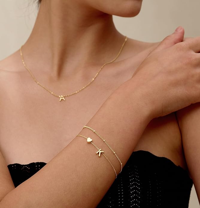 DEARMAY Dainty Initial Heart 14K Gold Plated Bracelets for Women Trendy, Letter Charm Bracelet Jewelry Cute Simple Fashion Chain Gift