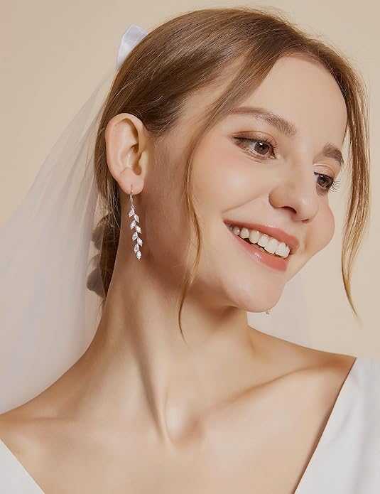 EAMTI Silver Dangle Earrings for Women Cubic Zirconia Marquise Bridal Wedding Earrings 925 Sterling Silver Post Engagement Earring