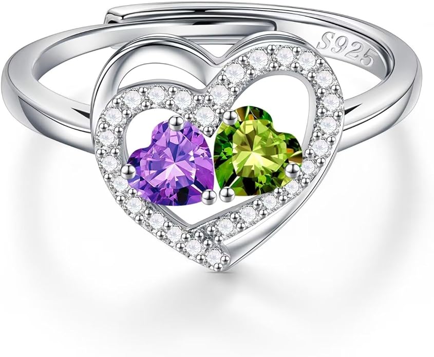 Iefil Adjustable Ring for Women - 925 Sterling Silver Double Birthstone Rings, Anniversary Birthday Gifts for Women Wife Her