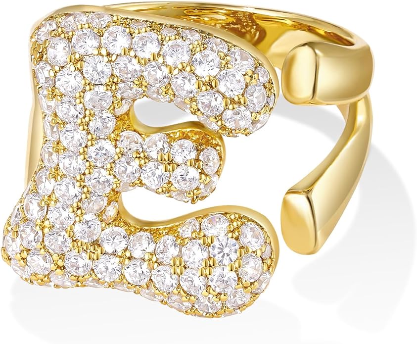 KissYan Bubble Initial Ring Valentines Day Gifts for Women, 14k Gold Plate Balloon Jumbo Letter Rings Open Adjustable Dainty Pave CZ Personalized Fashion Trendy Statement Jewelry