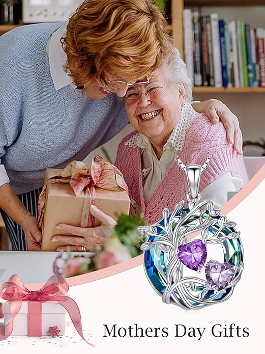 TOUPOP s925 Sterling Silver Family Celtic Tree of Life Pendant Necklaces with 2 Heart Birthstone with Blue Austrian Crystal Jewelry Birthday Valentines Day Gifts for Her, Anniversary Christmas Gifts for Wife Girlfriend Mom (18K Real White Gold Filled)