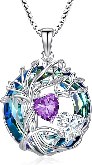 TOUPOP s925 Sterling Silver Family Celtic Tree of Life Pendant Necklaces with 2 Heart Birthstone with Blue Austrian Crystal Jewelry Birthday Valentines Day Gifts for Her, Anniversary Christmas Gifts for Wife Girlfriend Mom (18K Real White Gold Filled)