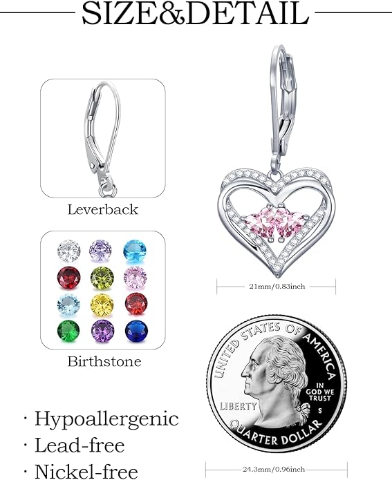 Valentines Day Gifts for Women, Heart Leverback Earrings Double Birthstone Dangle Earrings for Women, Love Jewelry for Her, Anniversary Birthday Gift for Mom Wife Girlfriend