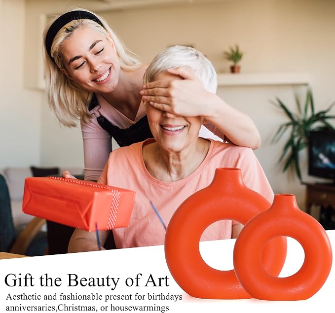 Orange Ceramic Donut Vase Set of 2, Hollow Round Matte Pampas Flower Vases - Image 8
