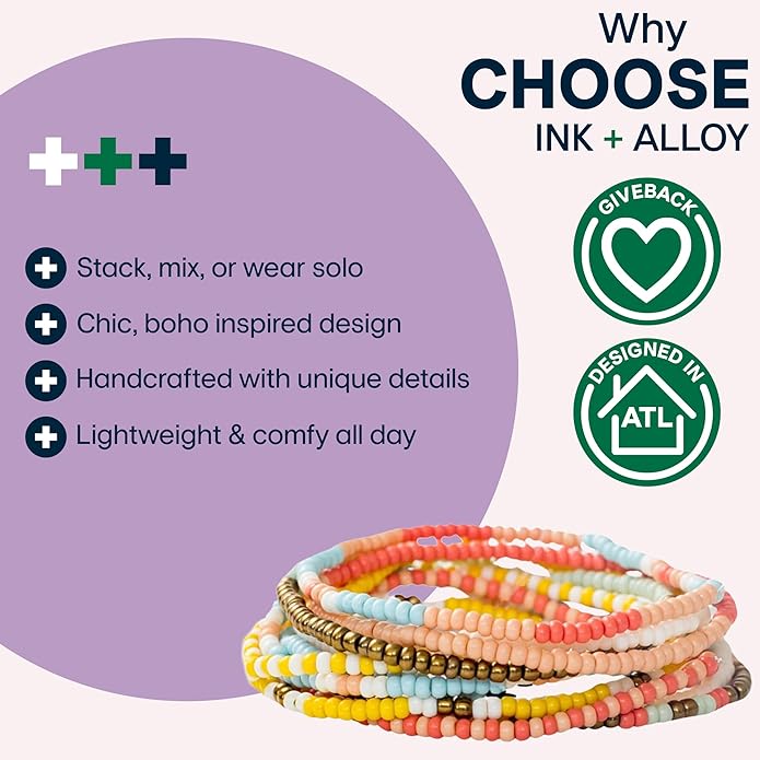 INK + ALLOY 10-Strand Stacking Beaded Bracelets for Women – Mixed Patterns Bracelet Stack - Adjustable Stretch Fit - Handmade Boho Bracelets for Women - Perfect for Any Occasion