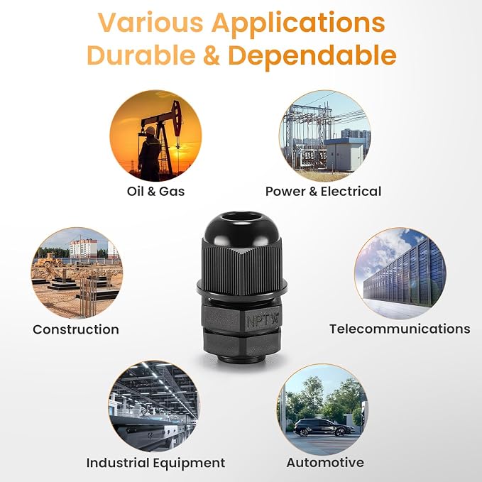 QILIPSU 12pcs 1/4" NPT Cable Gland Waterproof IP68 Nylon Cable Pass Through - Image 7