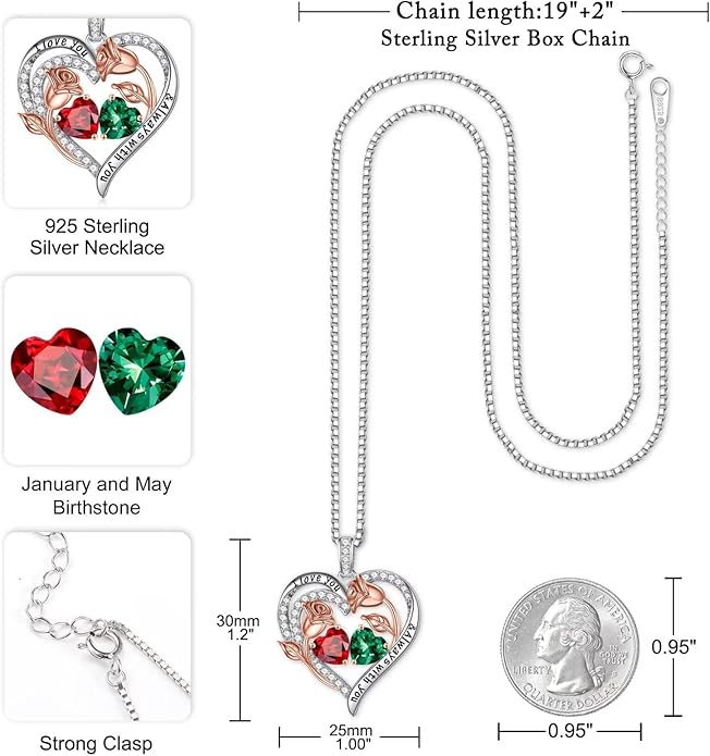 Iefil Valentines Day Gifts for Her - 925 Sterling Silver Rose Heart Birthstone Necklace Birthday Anniversary Jewelry Gifts for Her Wife Mom Daughter