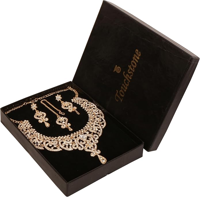 Touchstone Indian jewelry set for women bollywood gold jewellery wedding outfits necklace sets earrings bridal maang tikka fancy costume girls big desi accessories rhinestone in gold or silver tone