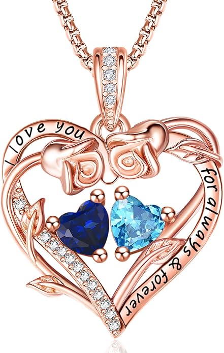 Rose Heart Necklaces for Women, Rose Gold Forever Love Jewelry with 2 Birthstones Pendant,Valentines Anniversarry Birthday Gifts for Her Wife Mom Grandma Daughter, 18+2 Inch Chain