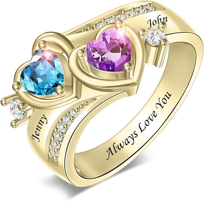 Personalized Heart Birthstone Rings for Women with 2 Birthstones Custom Name Rings for Couple Mother Daughter Jewelry Gift for Mother Her Christmas
