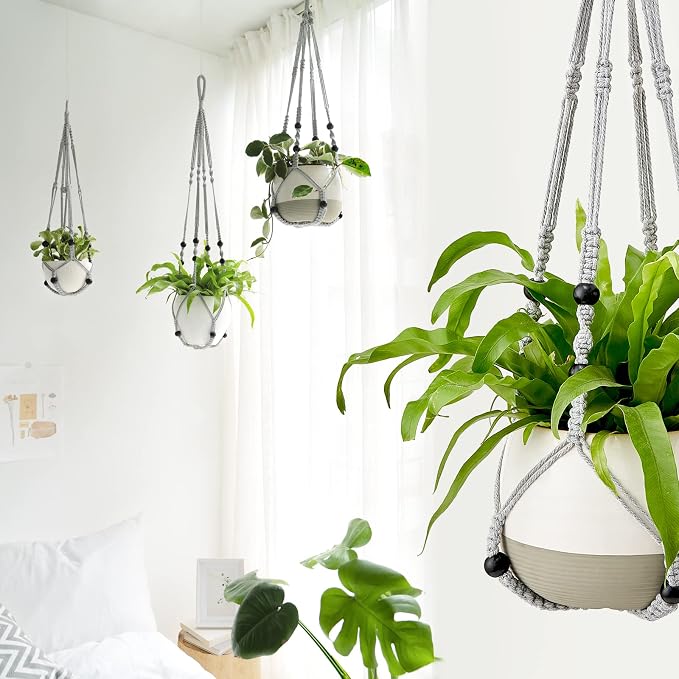 Mkono Macrame Plant Hanger Indoor 35 Inch Hanging Planter Basket Grey 2Pc | - Image 3