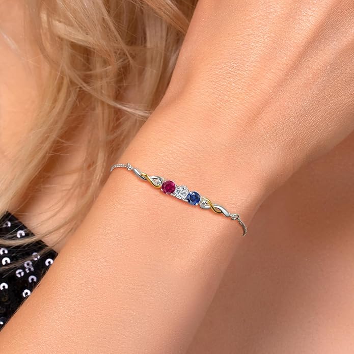 Gem Stone King Customized and Personalized 3-Stone Adjustable Bolo Bracelet for Women | 925 Sterling Silver and 10K Yellow Gold | Gemstone Birthstones and Lab Grown Diamond | Easy-On Easy-Off