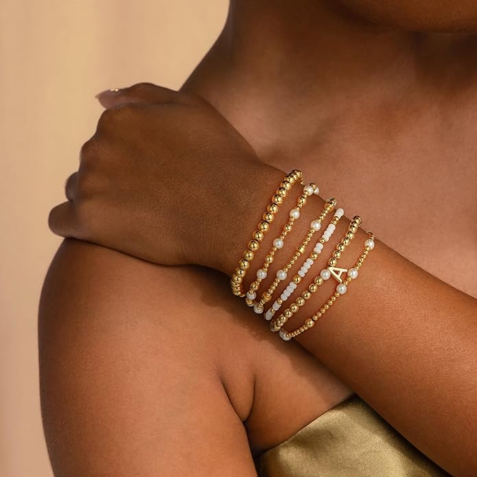 Turandoss 6PCS Beaded Initial Bracelets for Women Girls Valentines Day Gifts - 18K Gold Plated Beaded Initial Letter Bracelet Initial A-Z Stretch Bead Stackable Bracelet Valentines Day Gifts for Her