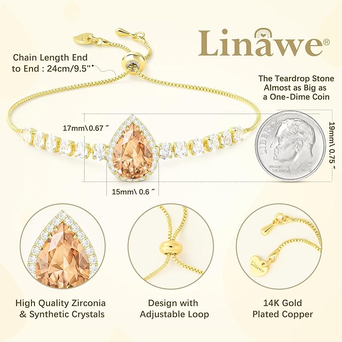 Linawe Crystal Imitation Diamond Rhinestone Charm Bracelets for Women, Gold/Silver/Rose Gold Adjustable Chain Bracelet, Teardrop Birthstone Cubic Zirconia Prom Costume Wedding Jewelry