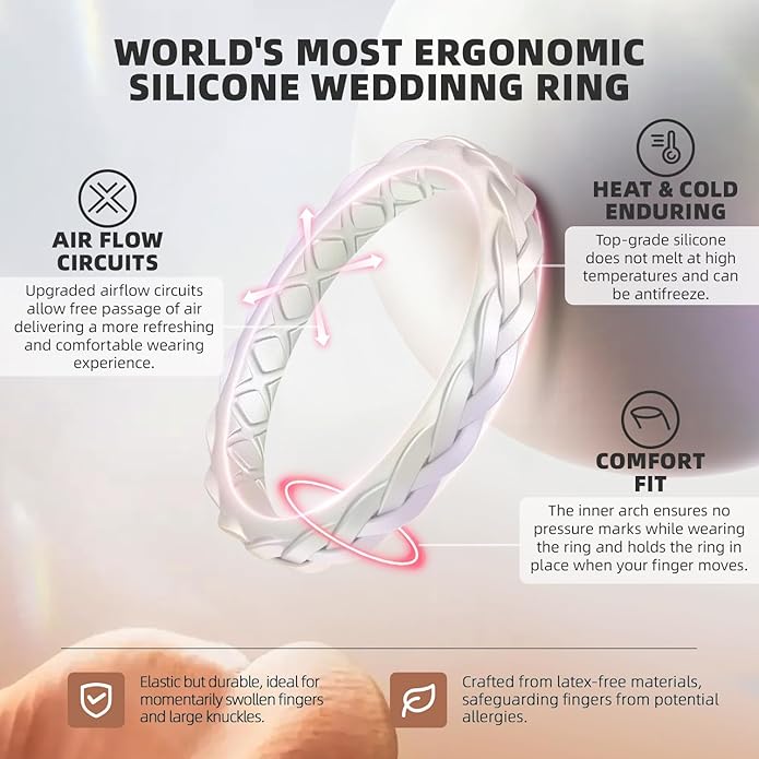 Egnaro Women's Wedding Bands, Silicone Thin and Stackable Rubber Engagement Ring, Variety Multipack With Breathable Grooves Workout Accessories