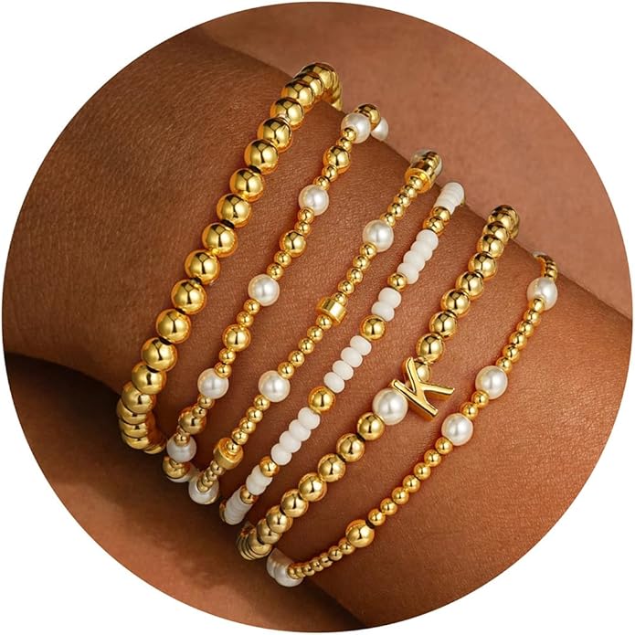 Turandoss 6PCS Beaded Initial Bracelets for Women Girls Valentines Day Gifts - 18K Gold Plated Beaded Initial Letter Bracelet Initial A-Z Stretch Bead Stackable Bracelet Valentines Day Gifts for Her