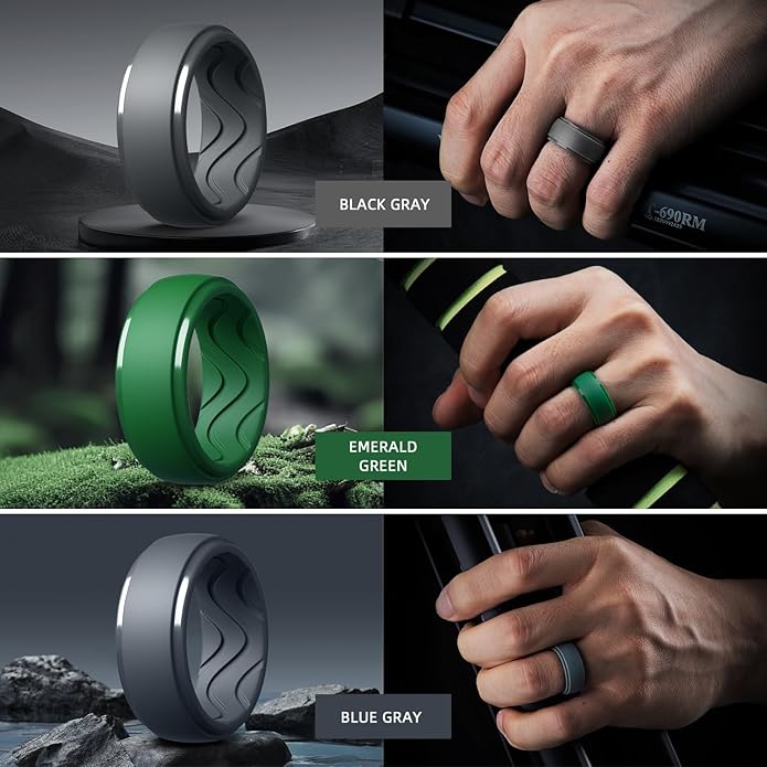 Egnaro Men's Silicone Rings 10mm Wide 2.5mm Thick, Rubber Wedding Bands with Inner Arc Ergonomic Breathable Design, 1/4/5/7 Variety Multipack
