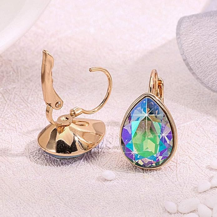 Teardrop Austrian Crystal Leverback Drop Earrings for Women 14K Rose Gold Plated Hypoallergenic Jewelry