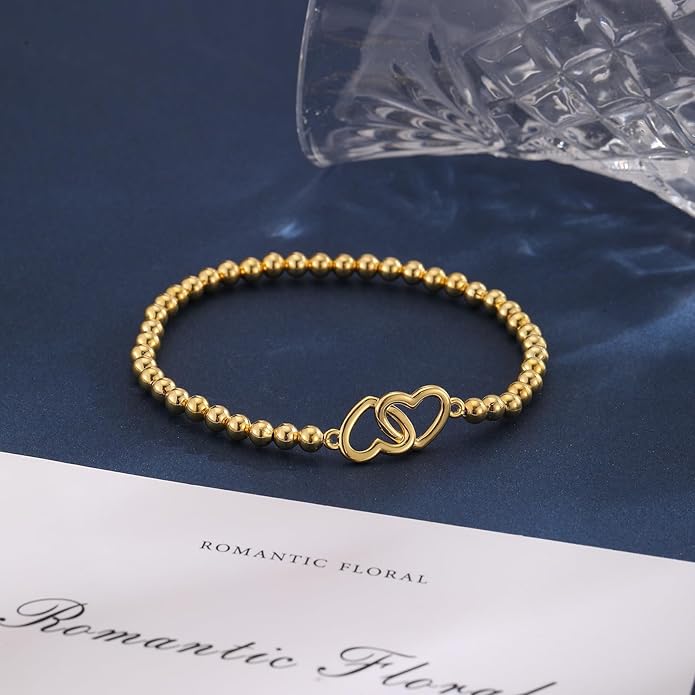 Gold Bracelets for Women, Cute 14K Gold/Silver Plated Stretch Beaded Bracelets for Women Trendy Stackable Charm Bracelet Dainty Adjustable Waterproof Non Tarnish Jewelry Gifts for Her
