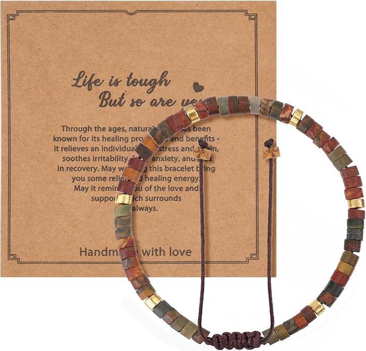 Adjustable Natural Stone Bracelet Set for Women & Men, Handmade Stretchable Beaded Bracelets (Crazy Agate/Blue Emperor/Red Wood Grain/Tiger Eye/Red Turquoise) - Christmas Gift for Her, Him, Friends, Family, Mom, Dad, Teacher, Grandparents