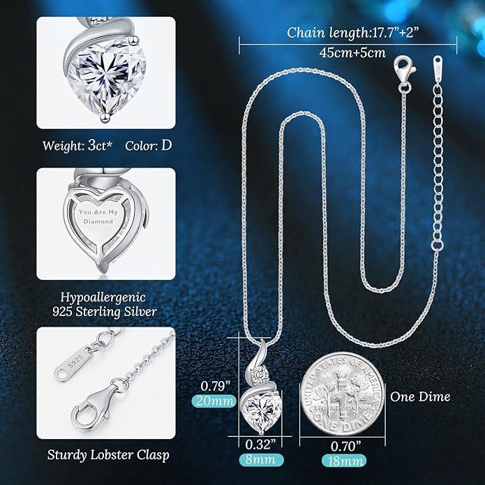 ANDSO Valentine's Day Gift Moissanite Heart Pendant Necklaces for Women, 925 Sterling Silver Necklace with Birthstone, Ideal Anniversary Present or Birthday Jewelry Gifts for Mom Wife Her Girlfriend