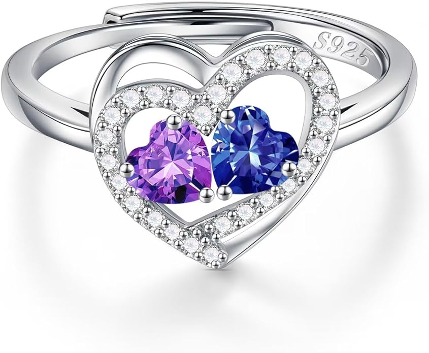 Iefil Adjustable Ring for Women - 925 Sterling Silver Double Birthstone Rings, Anniversary Birthday Gifts for Women Wife Her