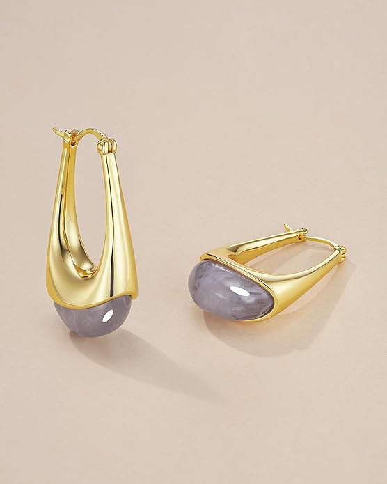 Long Oval Chunky Dangle 18K gold plated Hoops with Colored Resin Gemstone Statement Earrings for Women by SNGIA, (Green, Brown, Blue, Pink, White, Cream), Bold Drop Handmade Exaggerated Irregular Trendy Bohemian Jewelry Gifts, Unique Dangling Teardrop ...