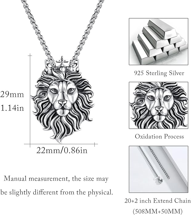 Cuoka Lion Necklace for Men Women S925 Sterling Silver King Retro Punk Gothic Hip Hop Rock Animal Lion Head Pendant Charm Jewelry Chain Necklace Viking Protection Amulet Necklaces