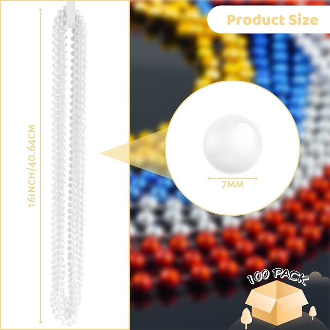 ZYFLSQ 100 Pcs 33" 7mm White Beads Necklaces, Bulk Mardi Gras Beaded Necklaces, Party Beads Costume Necklaces (White)