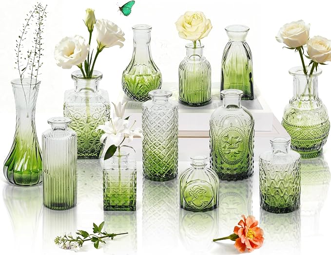 Clear Gradient Green Glass Bud Vase Set of 12 Pcs, Small Bud Vases in Bulk by JXINDUJU