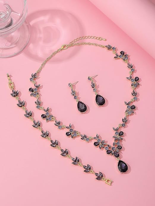 Bridal Wedding Elegant Floral Jewelry Set for Women/Brides/Bridesmaids Crystal Jewelry Set for Wedding Prom Party Bridal Crystal Necklace Earrings Bracelet Set