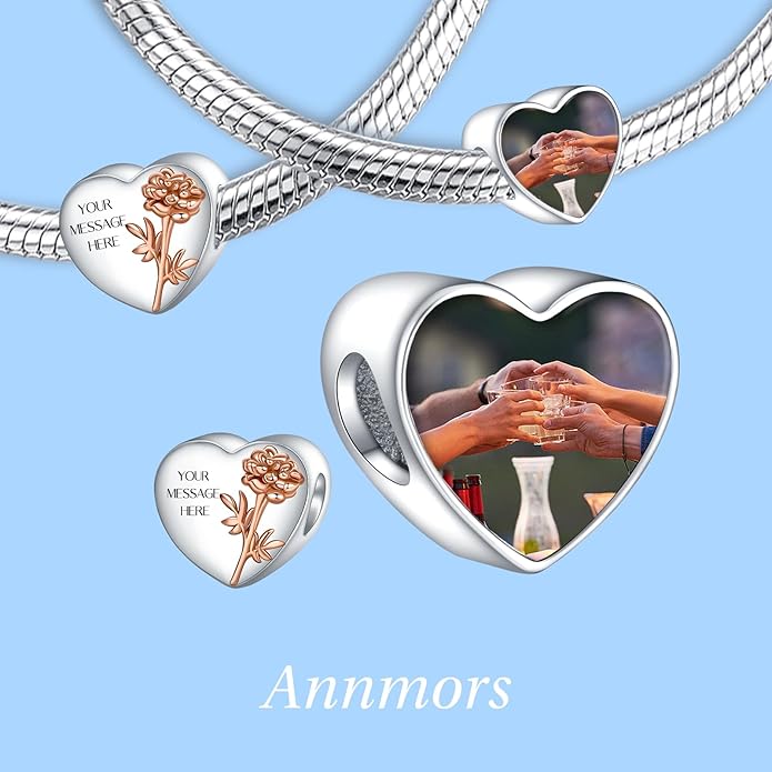 Annmors Personalized Photo Charm for Bracelet Necklaces,925 Sterling Silver Charm Love Heart Shaped Engraved Customize Picture Gift for Birthday Mother's Day Christmas,Bead Charms Jewelry for Women