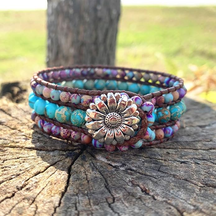 YGLINE Boho Handmade Natural Stone Bead 3 Row Wide Wrap Wrist Statment Bracelet Jewelry Collection