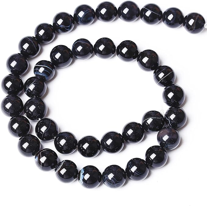 32PCS 12mm Natural Black Striped Agate Beads Gemstone Round Loose Beads for Jewelry Making DIY Bracelet Necklace 15" Inch