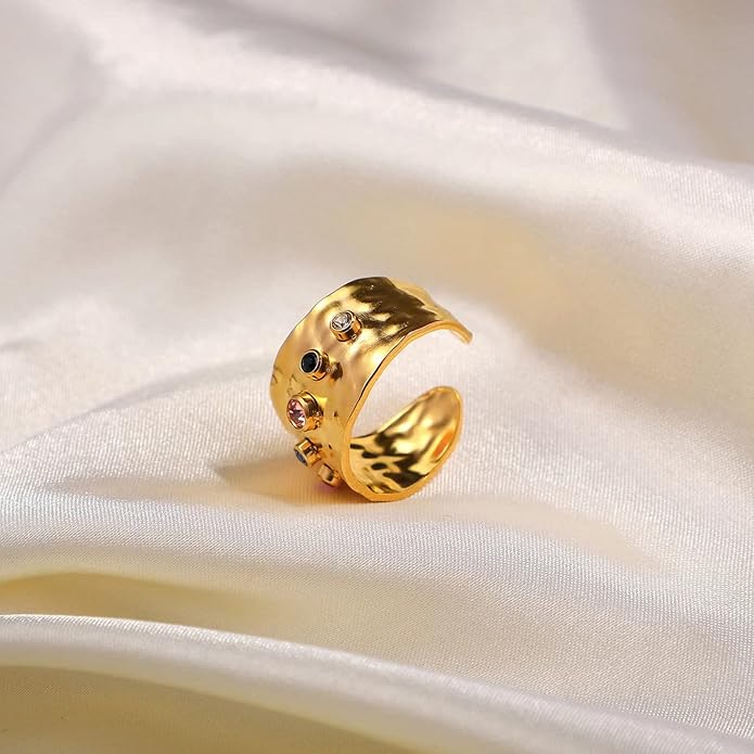 18K Gold Plated Wide Rings,Zirconia Stainless Steel Adjustable Rings for Women,Fashion Jewelry for Women