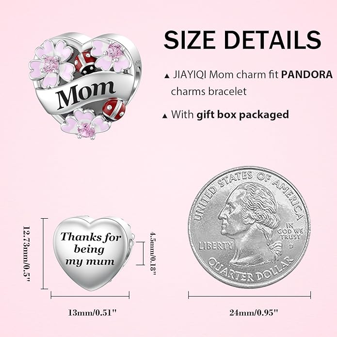 JIAYIQI Heart Love Charms for Mom Grandma Daughter Sister Friend Wife Fit Bracelet 925 Sterling Silver Daisy Ladybug Charm Bead Valentine's Day Mother's Day Birthday Christmas Jewelry for Women