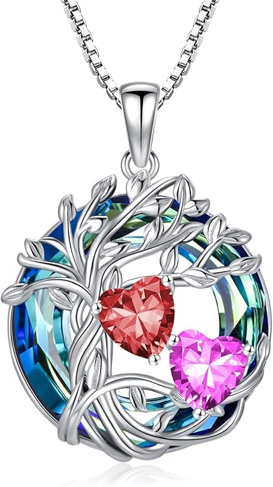 TOUPOP s925 Sterling Silver Family Celtic Tree of Life Pendant Necklaces with 2 Heart Birthstone with Blue Austrian Crystal Jewelry Birthday Valentines Day Gifts for Her, Anniversary Christmas Gifts for Wife Girlfriend Mom (18K Real White Gold Filled)