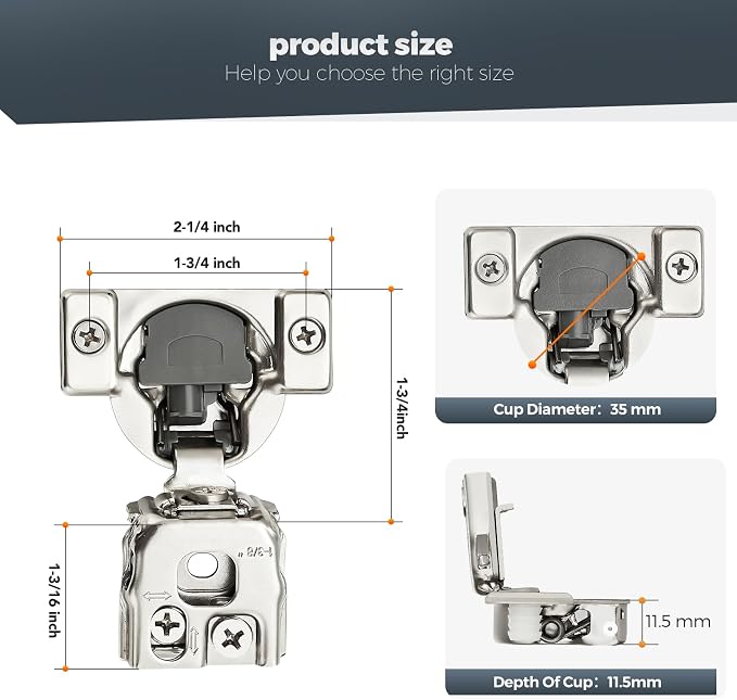 Satin Nickel Cabinet Hinges 1-1/2 Inch Overlay, 2 Pack | Stainless Steel Build - Image 3