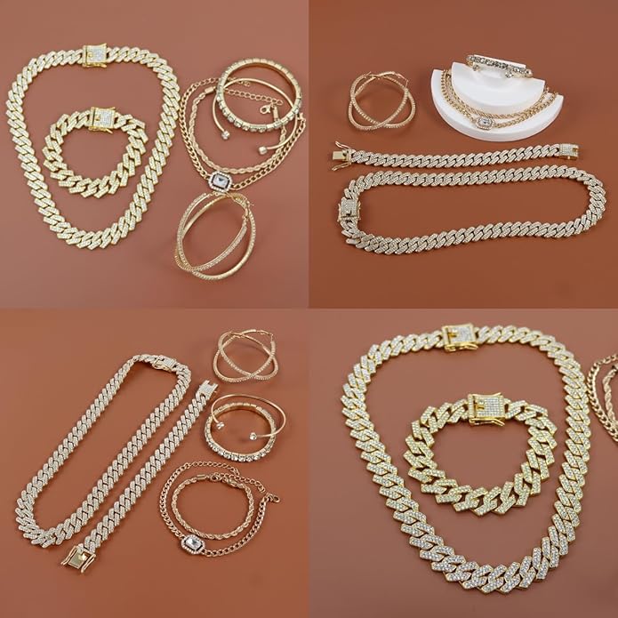 Hip Hop Cuban chain full Diamond necklace Rhinestone bracelet bracelet Gold and Silver women's Jewelry Women's earrings bracelet sets