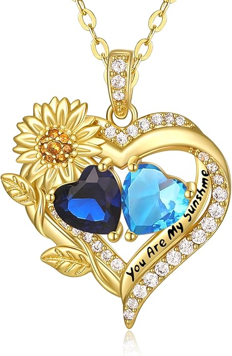 Sunflower Heart Necklace for Women 14K Gold Exquisite Valentines Day Anniversary Birthday Gifts for Wife Mother Her Double Birthstone Pendant Jewelry‘You Are My Sunshine’