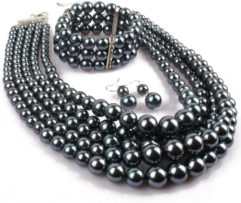 Exaggerated Imitation pearl multi-layer Necklace+bracelet+earring Large pearl necklace Wedding jewelry set for Women's and girls gifts（Multicolor optional）