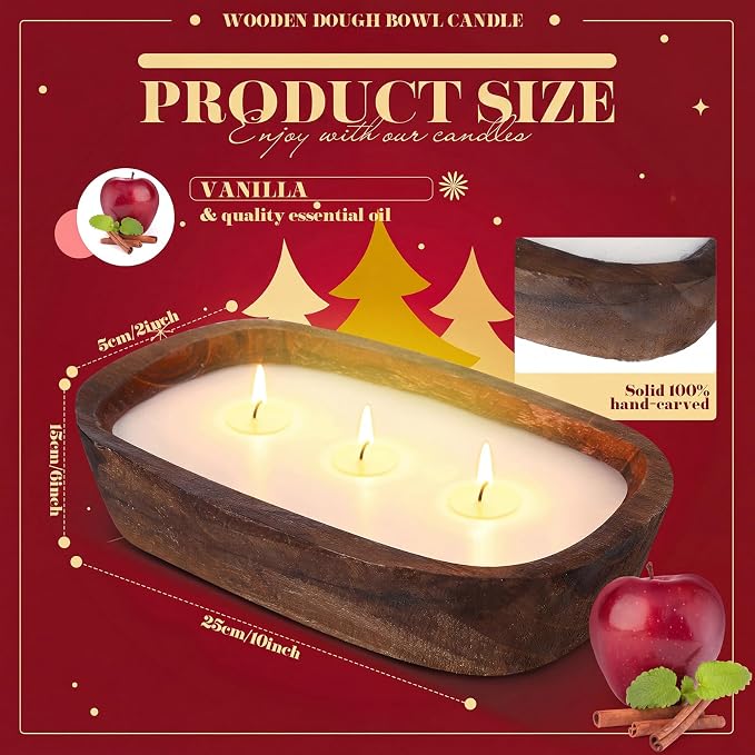 Threlaco 1 Pack 10 Inch Wood Dough Bowl Candles Home Rustic Dough Bowl Soy - Image 2