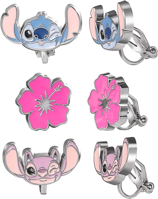 Disney Stitch and Angel Clip-On Earrings Official License, 3-Pack Stitch Gift Set, Valentines Earrings