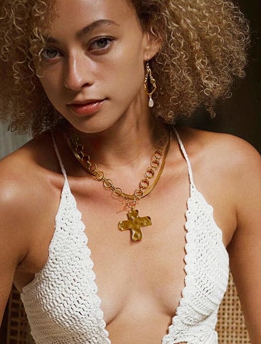 Aobei Pearl 18K Gold Plated Moon Star Lion Evil Eye Love Heart Cross Pendant Necklace Medallion Paperclip Chian Choker Layering Jewery for Women