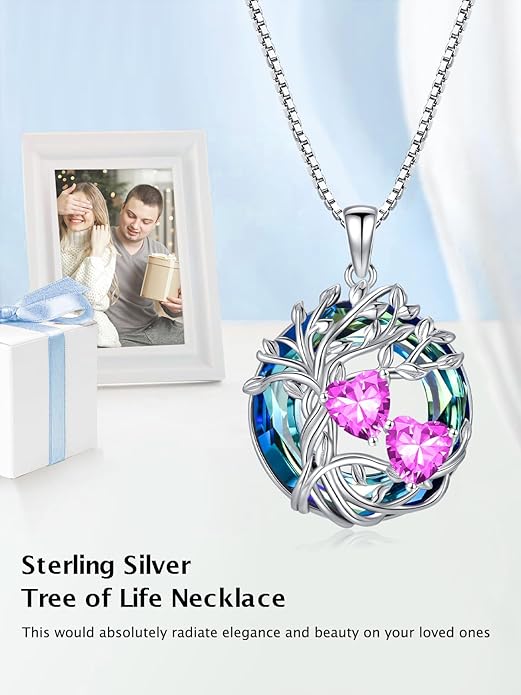 TOUPOP s925 Sterling Silver Family Celtic Tree of Life Pendant Necklaces with 2 Heart Birthstone with Blue Austrian Crystal Jewelry Birthday Valentines Day Gifts for Her, Anniversary Christmas Gifts for Wife Girlfriend Mom (18K Real White Gold Filled)