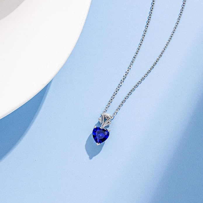 Agvana Valentines Day Gifts 14K White Gold Gemstone Pendant with Sterling Silver Chain 8mm Heart Birthstone Necklace for Women Fine Jewelry Anniversary Birthday Gifts for Women Mom Wife Girlfriend Her