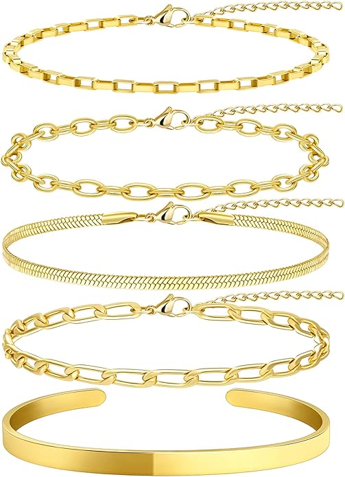 Gold Bracelets Set for Women Stack, Dainty Thick Bracelets Stack for Women Trendy, Simple Thin Gold Plated Cuff Stackable Bracelets With Beaded Cuban Paperclip Snake Rope Bangle Hand Chain Jewelry Gifts for Women Non Tainish